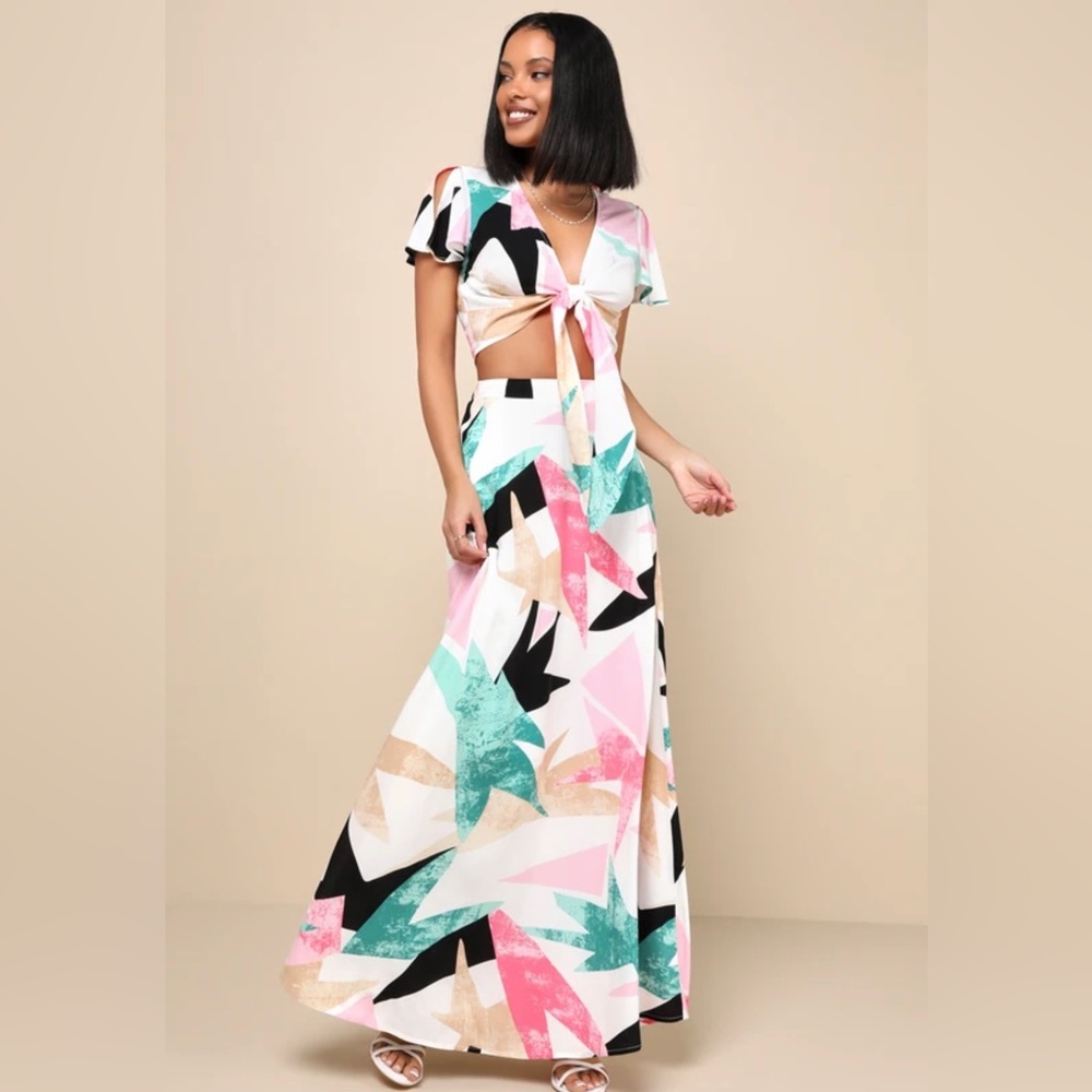 Lulus two-piece white and colorful maxi dress, size L